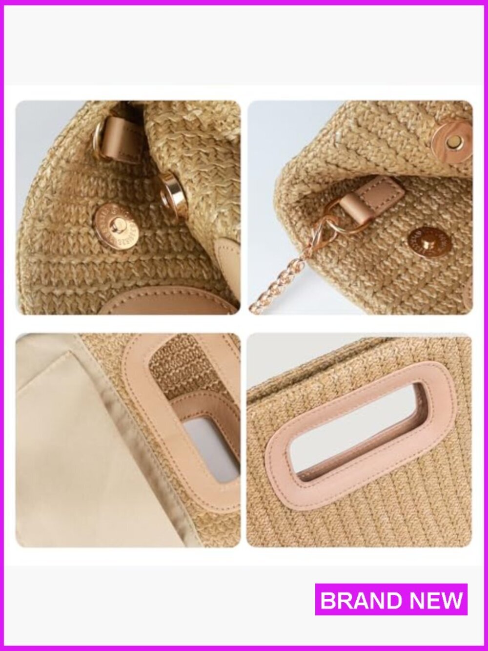 Woven Straw Handle Clutch Evening Bag with Gold Chain Shoulder Strap - Picture 6 of 6